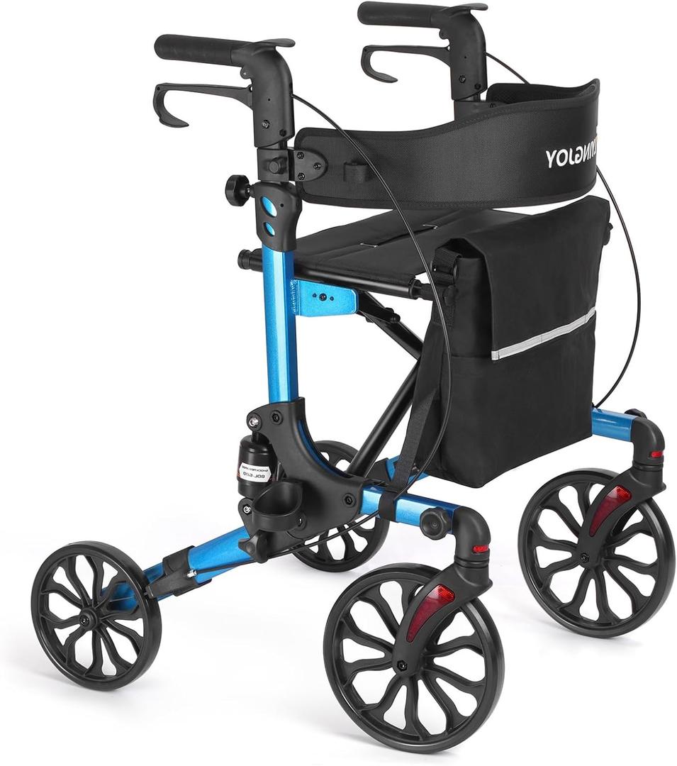 All Terrain Walkers for Seniors, Lightweight Foldable Rollator Walkers with Seat and Brake, Backrest Adjustable Height, 300 lbs Adults Bariatric Rolling Walker 10'' Front and 8'' Rear Wheels (Blue-all Terrain(10" Front and 8" Rear Wheel))