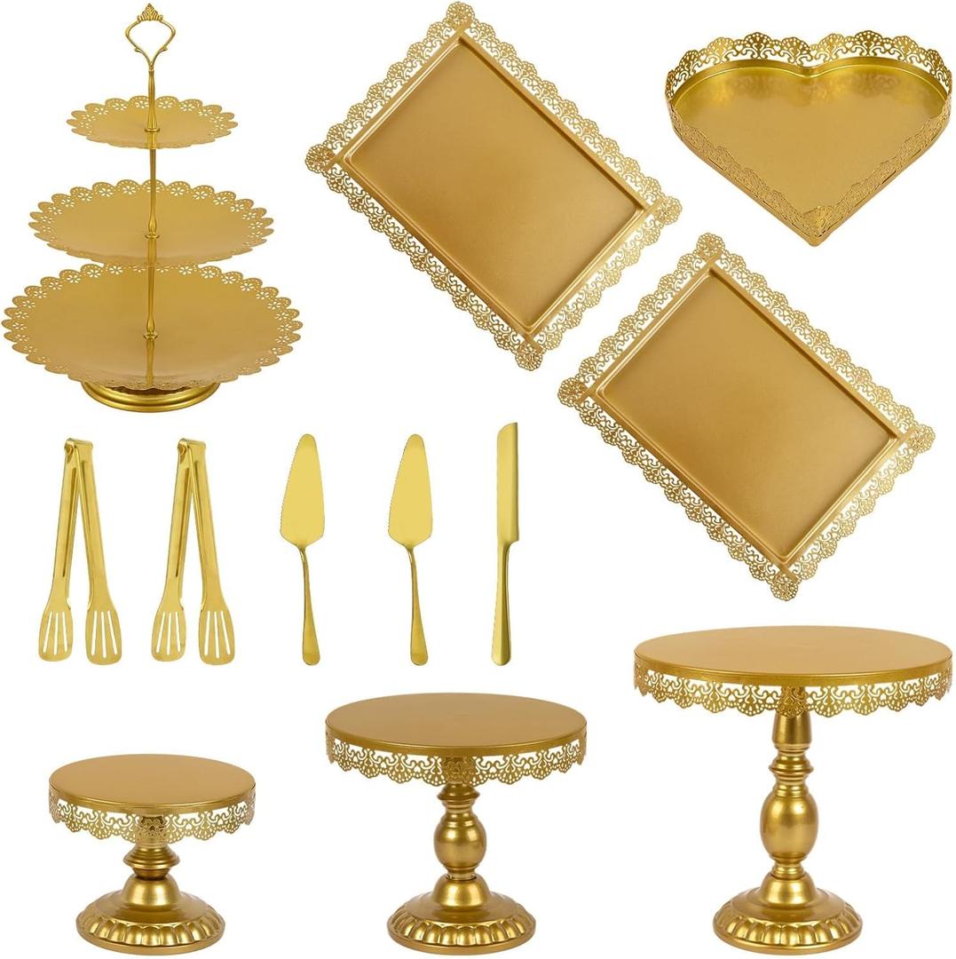 12 Set of Gold Cake Stand, Metal Gold Cupcake Stand and Bases para Postres de Mesa, Elegant Gold Dessert Stands for Party and Wedding, Easy to Clean Desert Table Display Set