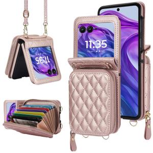 YQODSZ for Motorola Moto Razr 2023 Wallet Case with Crossbody Strap, Women Girls PU Leather Flip Cover RFID Blocking Card Holder Zipper Close Flip Protective Case for Motorola Razr 2023 Rosegold
