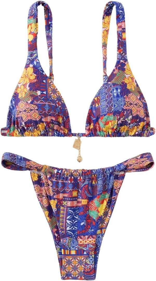 RoseSeek Women's 2 Piece Floral Tropical Print Bikini Set Boho Triangle Bathing Suit Tie Backless Swimsuit Sets (Purple, XS)