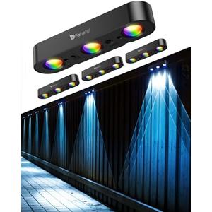 Solar Outdoor Fence Lights Solar Powered 4 Pack, Upgraded 50LM RGB Fence Lights with Sync Group Control & 10 Light Modes, Solar Wall Light Outdoor Waterproof IP65 for Halloween Outside Decoration