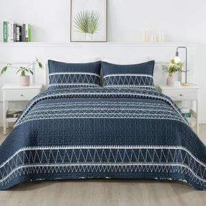 Andency Navy Twin Quilt Set, 2 Pieces Boho Lightweight Soft Striped Bedspread for All Season (68"x86"), Printed Bohemian Polyester Reversible Coverlet Comoforter Sets