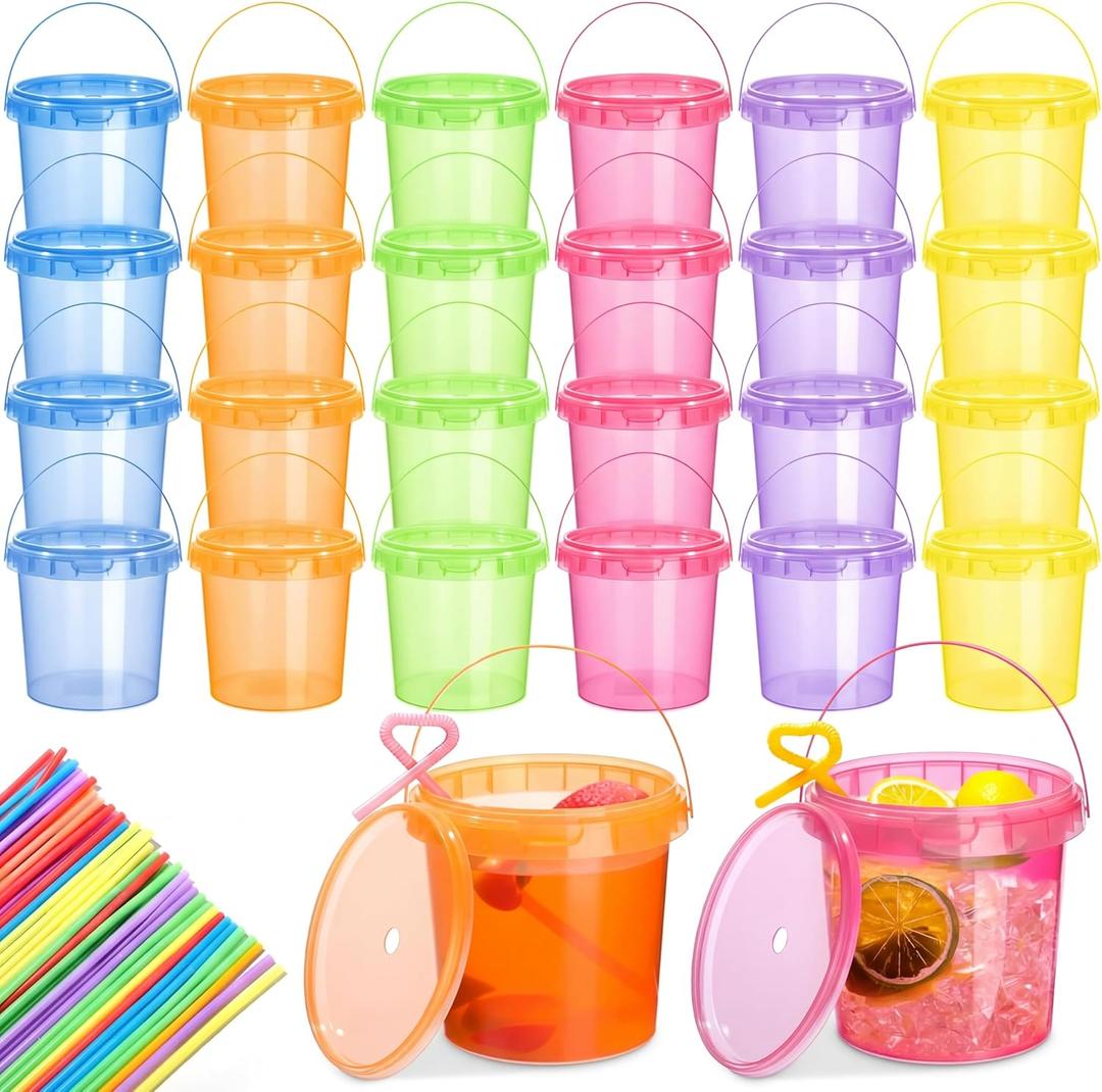Funnymoom 24 Pack Plastic Rum Buckets for Drinks with Straws Ice Cream Cocktail Bucket with Lids and Handles Reusable Food Containers Cup (25 oz,Orange,Pink,Green,Purple,Blue,Yellow)