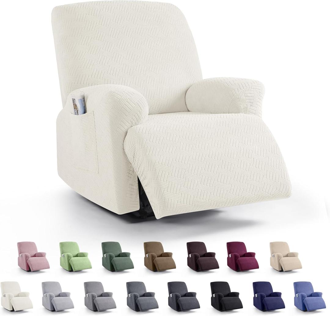 KinCam Recliner Covers, Stretch Reclining Chair Covers, Recliner Sofa Slipcovers Stripe Jacquard Recliner Couch Covers Furniture Protector Covers (1 XL Seater, Cream)