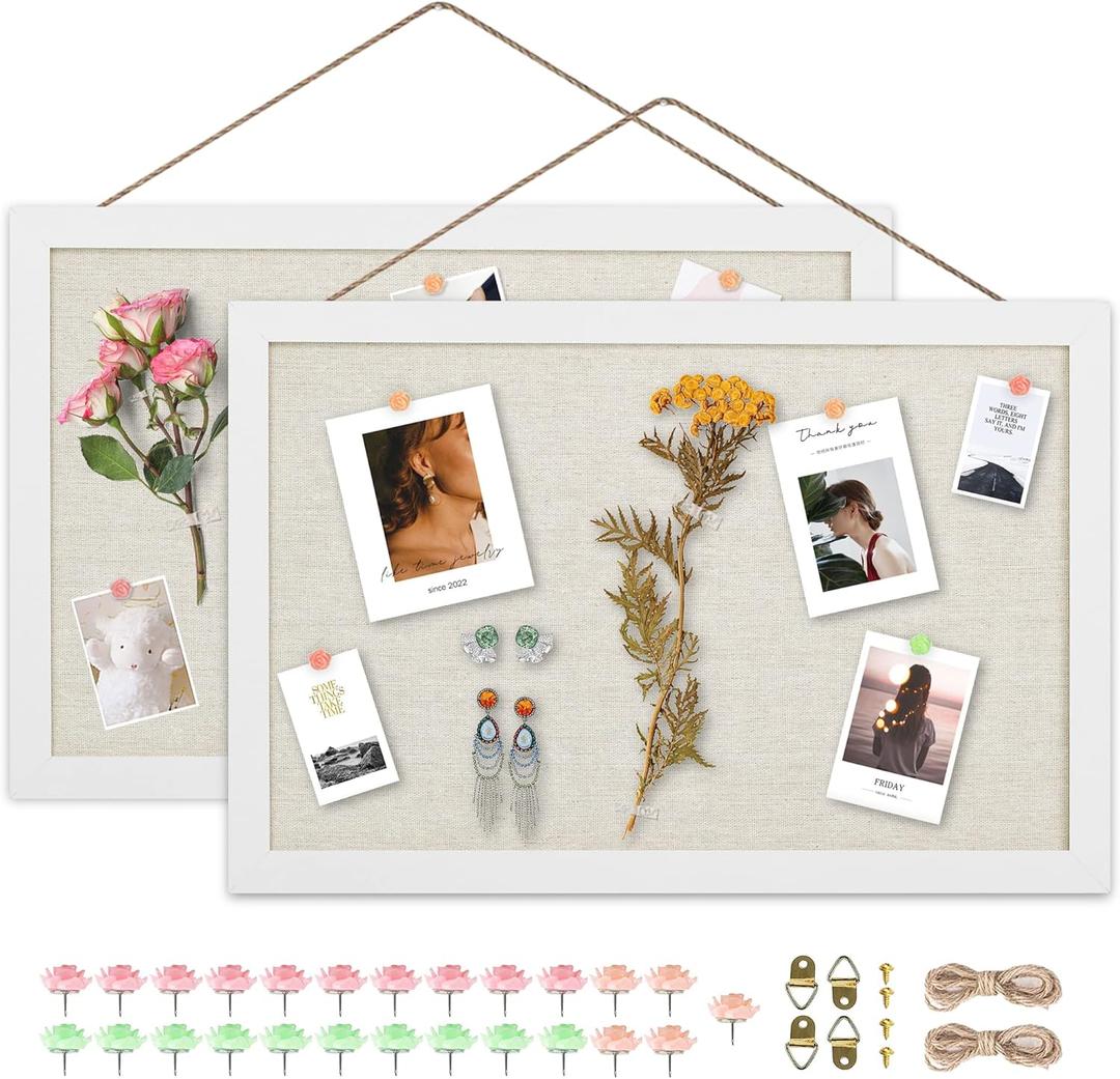 AKTOP 2-Pack Cork Board Bulletin Board 16x11 inch, Small Framed Corkboard with Linen for Wall, Hanging Pin Board Picture Board for Home Office Decor, Cute Vision Board with 25 Pushpins (Vintage White)