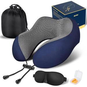MLVOC Travel Pillow 100% Pure Memory Foam Neck Pillow, Comfortable & Breathable Cover, Machine Washable, Airplane Travel Kit with 3D Contoured Eye Masks, Earplugs, and Luxury Bag, Standard (Blue)