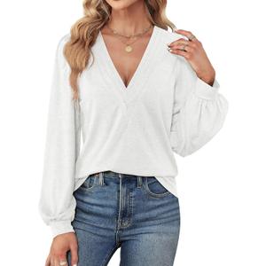 Agnes Urban Womens V Neck Long Sleeve Tops Dressy Casual Fall Shirts Puff Sleeve Loose Tunic Trendy Tops Blouses (White, L)