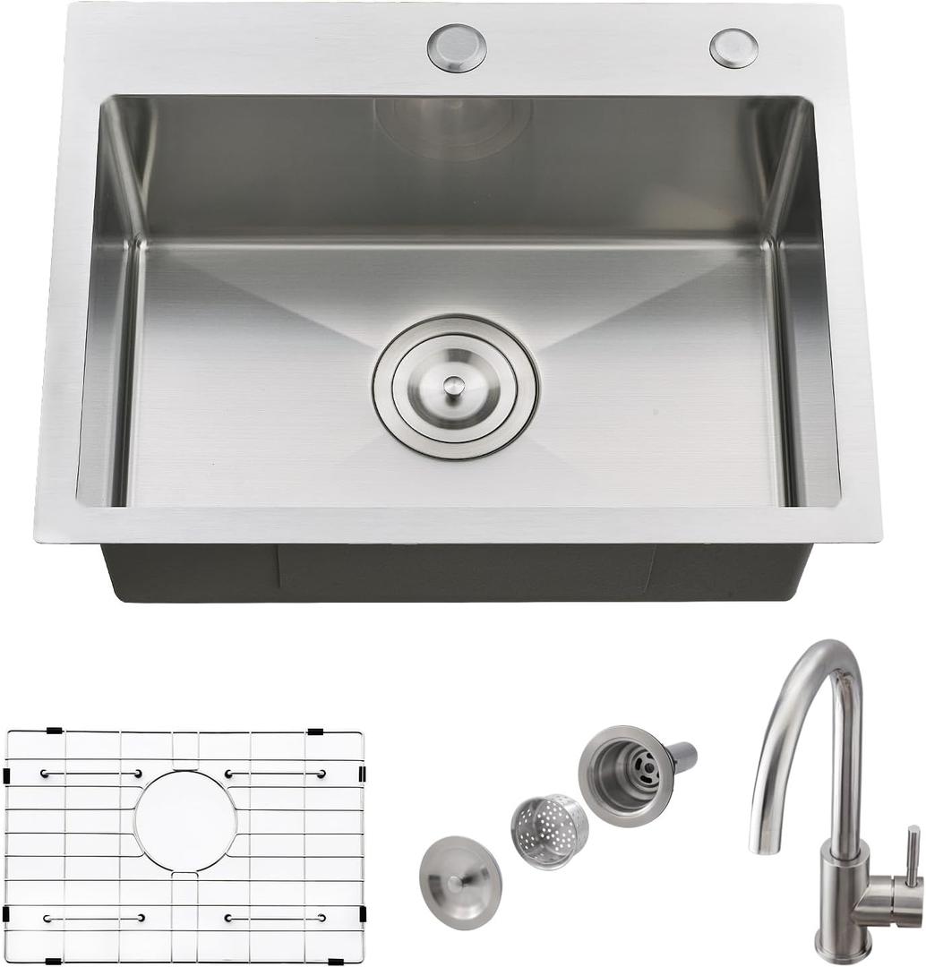 24 Inch Kitchen Sink with Faucet, 24x18 Single Bowl Drop in Kitchen Sink and Faucet Combo 18 Gauge Stainless Steel Topmount 10 inch Deep Basin, 24"x18"x10"