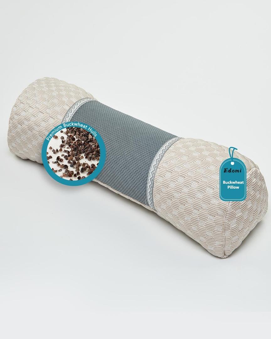 Buckwheat Cervical Pillow for Sleeping, Adjustable Roll Pillow for Neck Relief with Washable Pillowcase, Round Cylinder Bolster for Firm Support, 16x4 inch (Khaki)