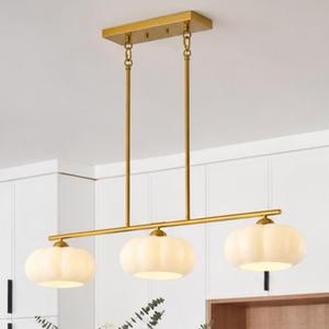 3-Light Kitchen Island Pendant Lighting, Brass Gold Linear Chandelier Light Fixture with Milky White Glass Shade for Dining Room, Kitchen, Hallway, Living Room, 41"