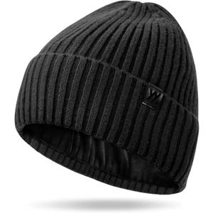 Winter Beanie Hat for Men & Women, Fleece Lined Thermal Knit Hat Ski Beanie Skull Cap Cuffed Cap for Cold Weather (One Size, Black)