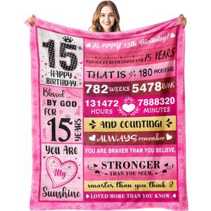 15 Year Old Girl Gifts - 15th Birthday Gifts for Teen Girls - 15th Birthday Decorations for Girls - Fifteen YR Bday Gift for Girl Daughter Granddaughter Niece Sister Ideas Blanket 50"x60"