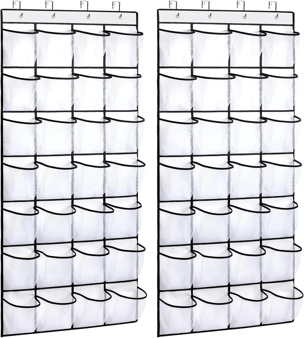 REGELETO 2 Pack 28 Pocket Over the Door Shoe Organizer, Hanging Shoe Rack for Door Large Capacity Shoe Organizer Holder with 4 Metal Hooks (White-2Pack)