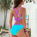 Fayenne Color Block Bikini Sets for Women Cheeky Metal Ring Cutout 2 Piece Swimsuit Adjustable Straps Drawstring Bathing Suit M 
