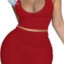 2 Piece Outfit Maxi Dress for Women, Summer Deep U Neck Sleeveless Tank Crop Tops Long Skirt Set Party Bodycon Dresses (Red, M)