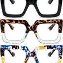 REAVEE 3 Pack Oversized Reading Glasses for Women Large Frame Extra Wide, Blue Light Blocking Stylish Thick Square Readers (Black + Leopard Blue + Blue Yellow)