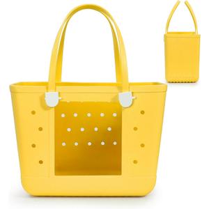 Beach Bag Rubber Tote Bag with Visual Window, X Large Waterproof Travel Bag Washable Handbag for Sports Beach Pool (Yellow)