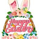 Wooden Easter Wreaths for Front Door Happy Easter Sign Hollow Bunny Sign Rabbit Spring Door Decoration, Colorful Flower Egg Welcome Hanging for Home Porch Window Wall Decor Party Indoor Outdoor