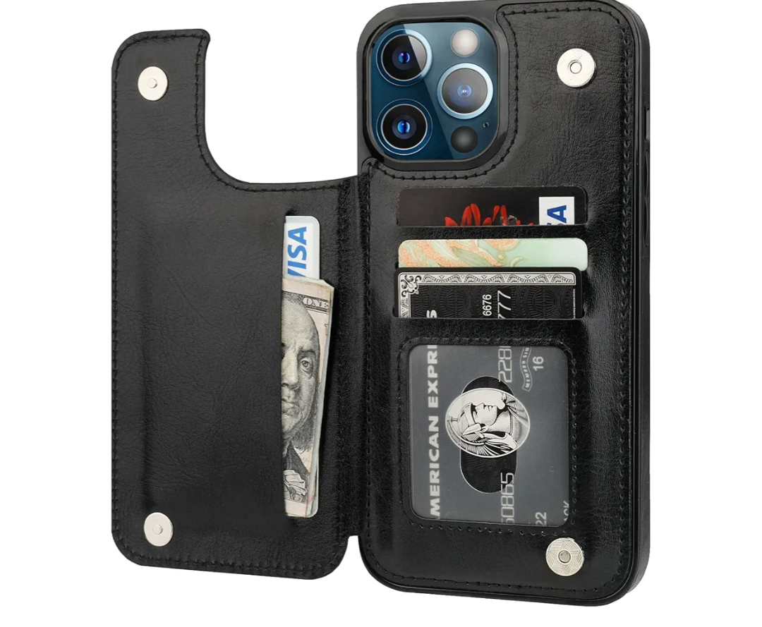 ONETOP Compatible with iPhone 13 Pro Max Wallet Case with Card Holder,PU Leather Kickstand Card Slots Case, Double Magnetic Clasp and Durable Shockproof Cover 6.7 Inch(Black)