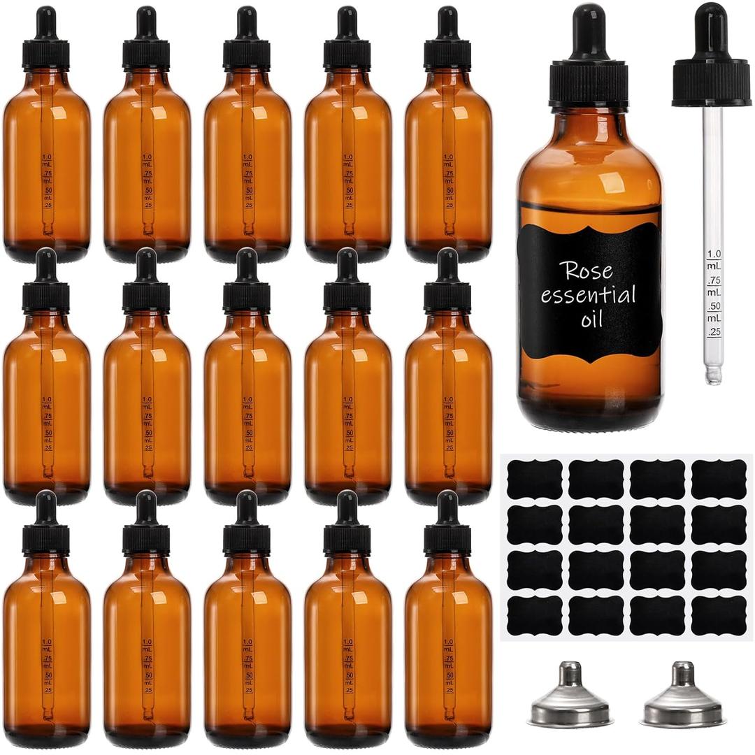 Jucoan 16 Pack Dropper Bottles, 4 oz/120ml Amber Glass Tincture Bottles with Graduated Glass Eye Droppers for Essential Oils, Perfume, 2 Stainless Steel Funnels,16 Chalkboard Labels