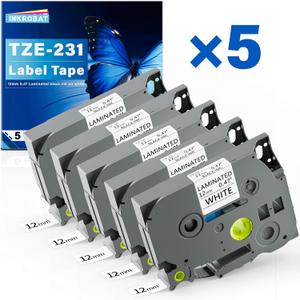 TZE-231 Label Maker Tape 12mm 0.47 Laminated Black on White Replacement for TZ TZE TZE231 1/2" x 8m Tape Cassette for Ptouch PT-D220 PTD220 D220 PT-D210 PTD210 PT-H110 PT-D200 PT-D400 D410 (5 Packs)
