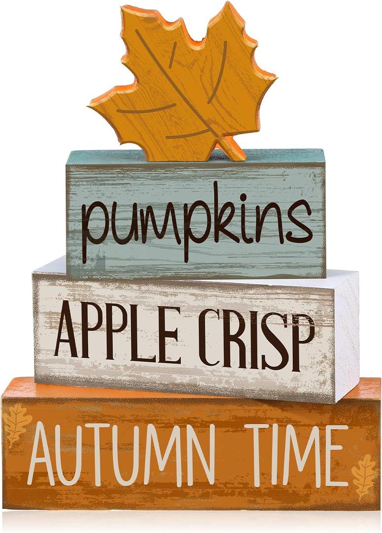 4 Pcs Thanksgiving Decoration for Home Wooden Maple Leaf Fall Tiered Tray Decor Thanksgiving Centerpiece Rustic Decorative Maple Leaf Block Signs Gift Farmhouse Autumn Decoration for Home