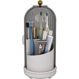 Toothbrush Holders with Cover, Drainage Rotating Electric Toothbrush Organizer, 3 Slots Tooth Brush Holder for Bathroom Counter, Grey White