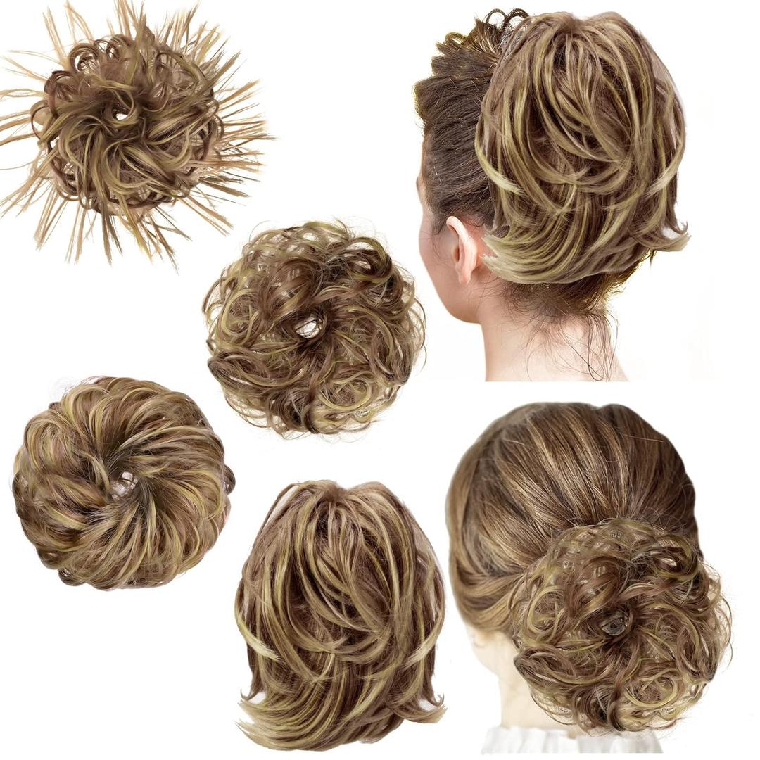 WILLBOND 4 Pcs Messy Hair Bun Hairpiece Tousled Updo for Women Hair Extensions Straight Short Ponytail Elastic Scrunchies Curly Hair Accessories (Brown mix Blond/12H24,Basic Style)