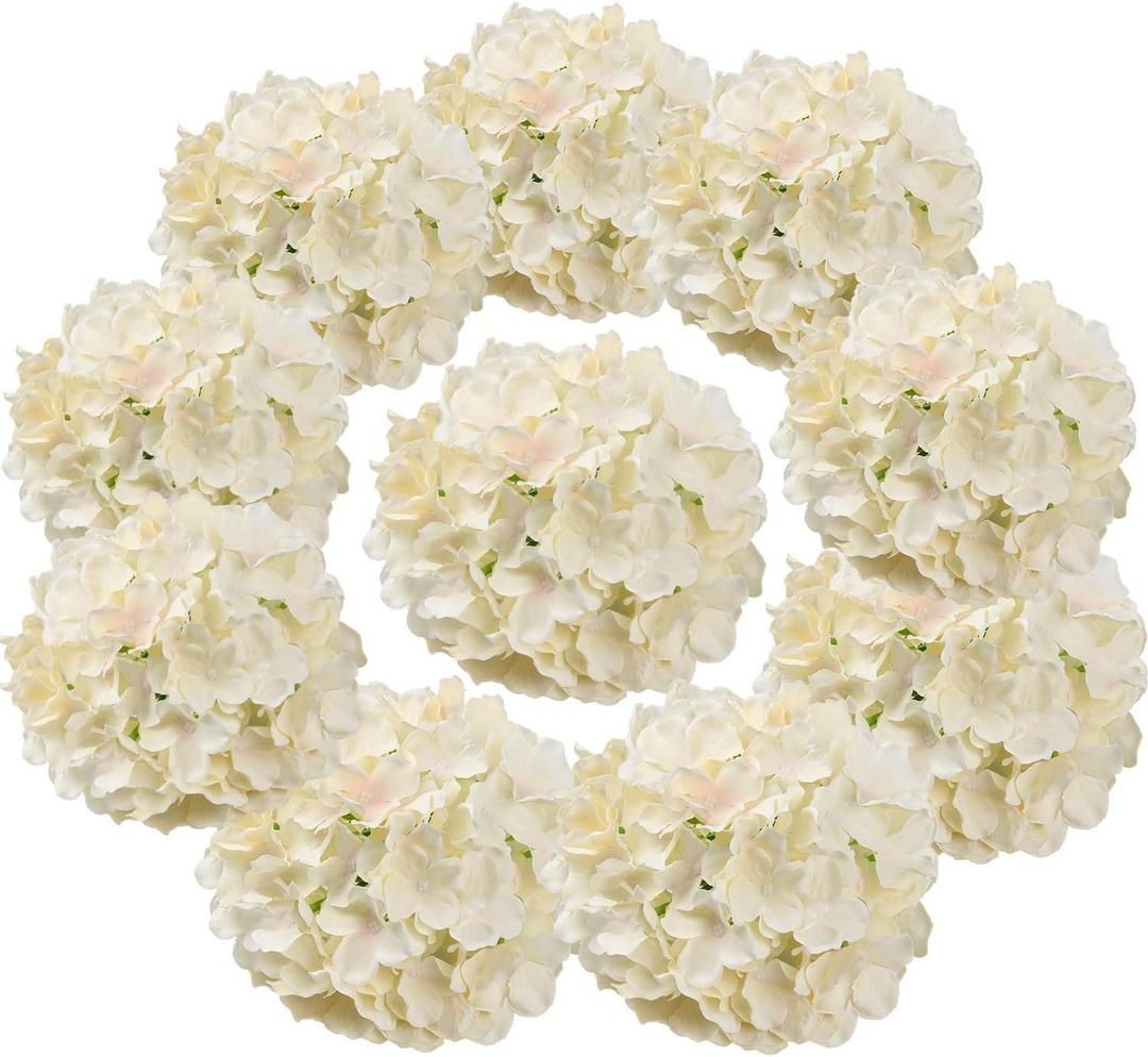 Silk Hydrangea Heads Artificial Flowers Heads with Stems for Home Wedding Decor,Pack of 10 (Champagne)
