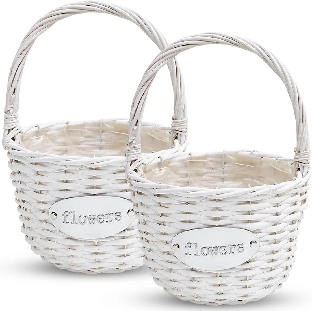 Flower Girl Basket (Set of 2) | Handcrafted Natural Wicker Flower Baskets for Flower Girl - Premium Wedding Basket with Water Resistant Liner - Perfect for Weddings, Parties & Home Décor