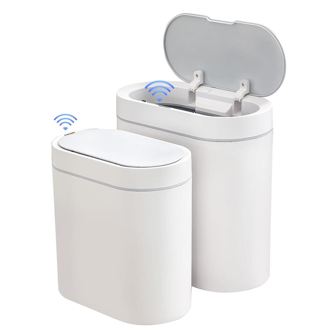 ELPHECO 2 Pack Bathroom Motion Sensor Trash Can 2.5 Gallon + 2 Gallon Automatic Garbage Can Bathroom Decor, Slim Plastic Smart Trash Bin with Lid, Garbage Can for Kitchen, Office, White, 2 Pack