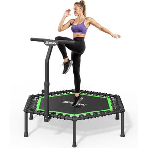 BCAN 51" Mini Hexagon Trampoline, Max Load 450 LBS Adult Fitness Trampoline with T-Adjustable Handle Bar, Silent Bungees, Larger, More Stable, Quiet Indoor/Garden Workout (Green)