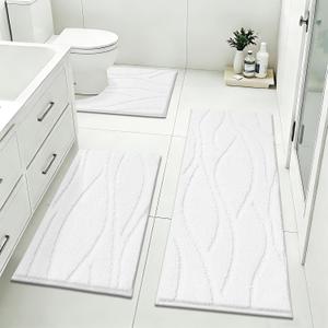 Bsmathom Bathroom Rugs Sets 3 Piece, Soft Non Slip Microfiber Bath Mat and U-Shaped Contour Toilet Rug, Machine Washable Absorbent Shaggy Bathroom Set, White, 18"x26"+18"x48"+U Shape 20"x24"