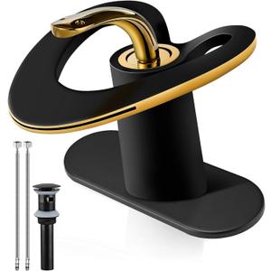 Black Gold Waterfall Sink Single Hole Vanity 1 Handle Brass Modern Unique Bathroom Faucets, 2 Tone Single Lever Copper Swan Style Vessel Hollow Faucet With Deck Plate For 3 Hole