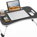 BUYIFY Foldable Lap Desk for Laptop & Writing - 23 inch Bed Tray Table with Cup Holder & Tablet Slot - Portable Notebook Stand for Eating, Sofa, Couch & WFH Students (Black)