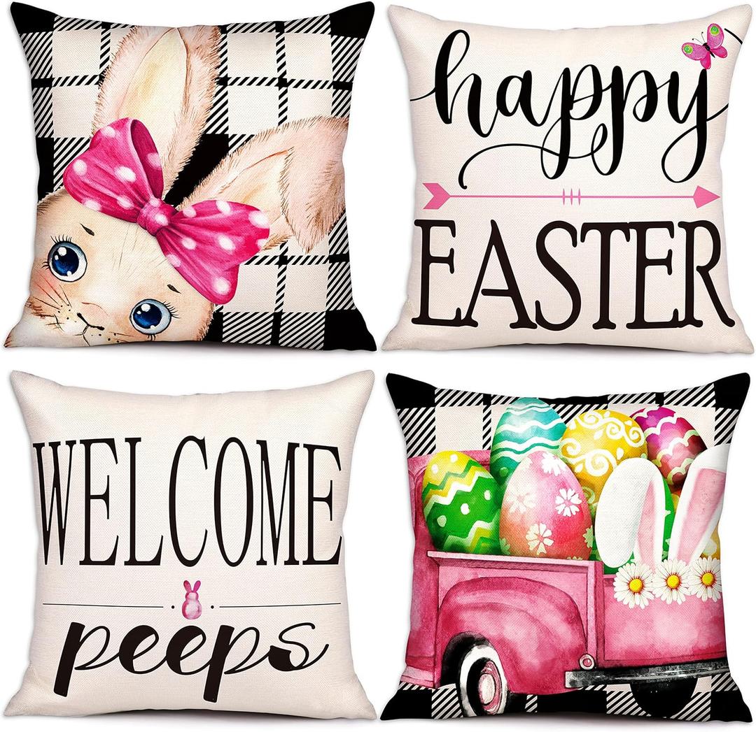 Geefuun Easter Pillow Covers 18x18 Set of 4 - Easter Decorations Throw Couch Pillow Cases for Home Holiday Linen Zipper Pillowcase Party Decor