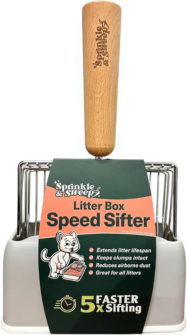 Cat Litter Scoop, Metal Litter Scooper 5X Faster No-Shake Sifting Design, Stainless Steel Litter Scoop with Holder, Reduces Dust & Waste Sprinkle & Sweep