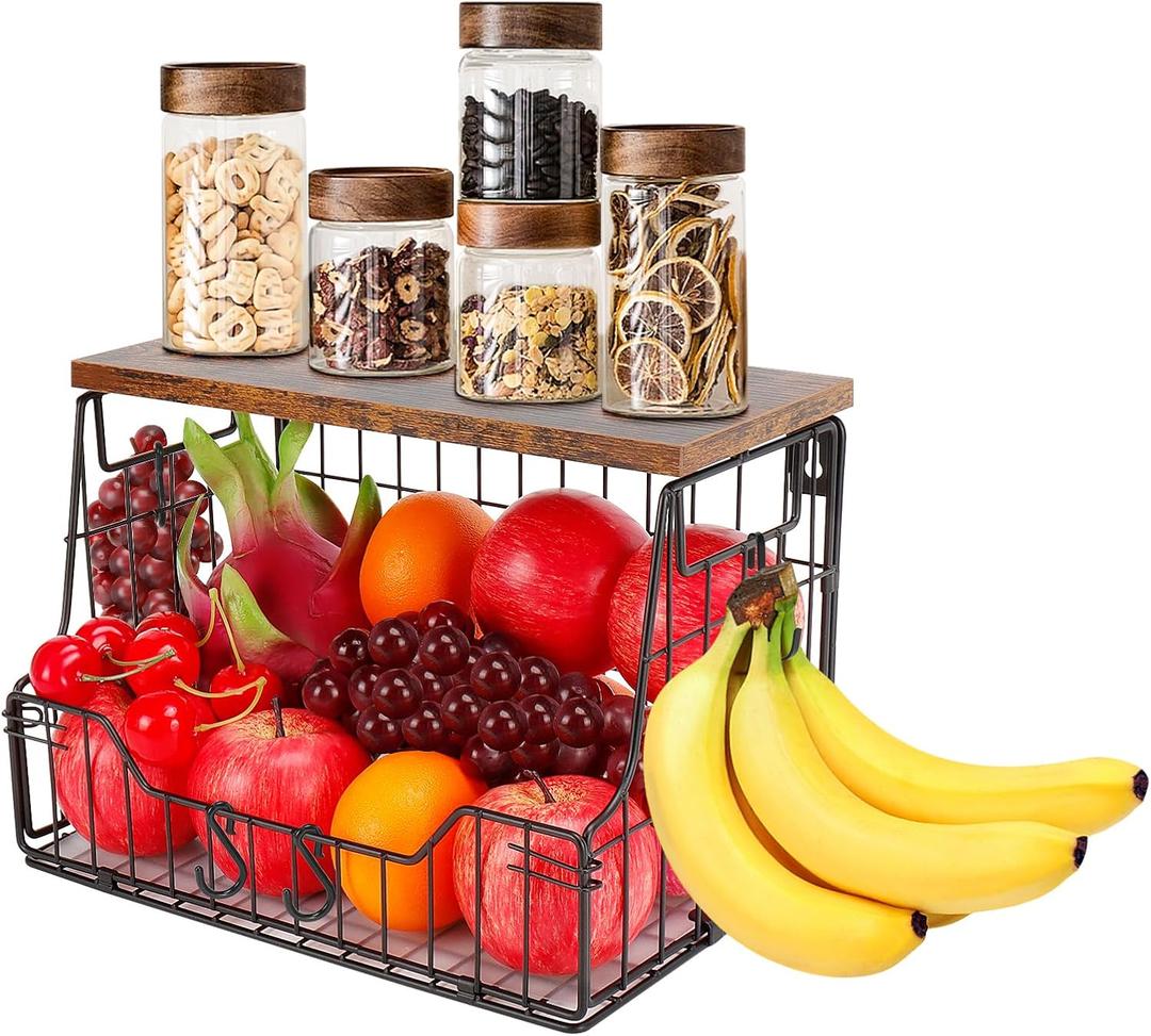 Livabber Fruit Basket for Kitchen, Metal Fruit Vegetable Storage Bin with 2 Banana Hangers, Countertop Wire Basket Organizer for Snack Potato Onion, Screw Mounted or Stand (Black, 1 Pack)