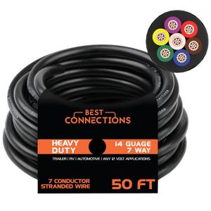 7 Way Trailer Wire (50 Feet)  Heavy Duty 14 Gauge 7 Conductor Insulated Cable  Durable, Weatherproof, Color-Coded 7 Way Trailer Wiring Extension for RV Trailer and Automotive