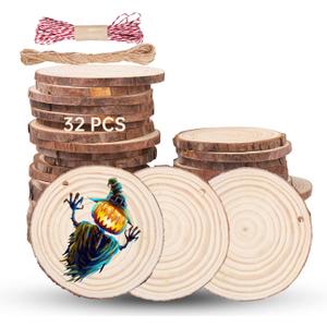 MSDADA Natural Wood Slices 32 Pcs 3.5-4 Inch Unfinished Craft Wood kit Predrilled with Holes Wooden Circles Tree Slices for Arts and DIY Crafts Christmas Ornaments Wedding Decorations Gifts