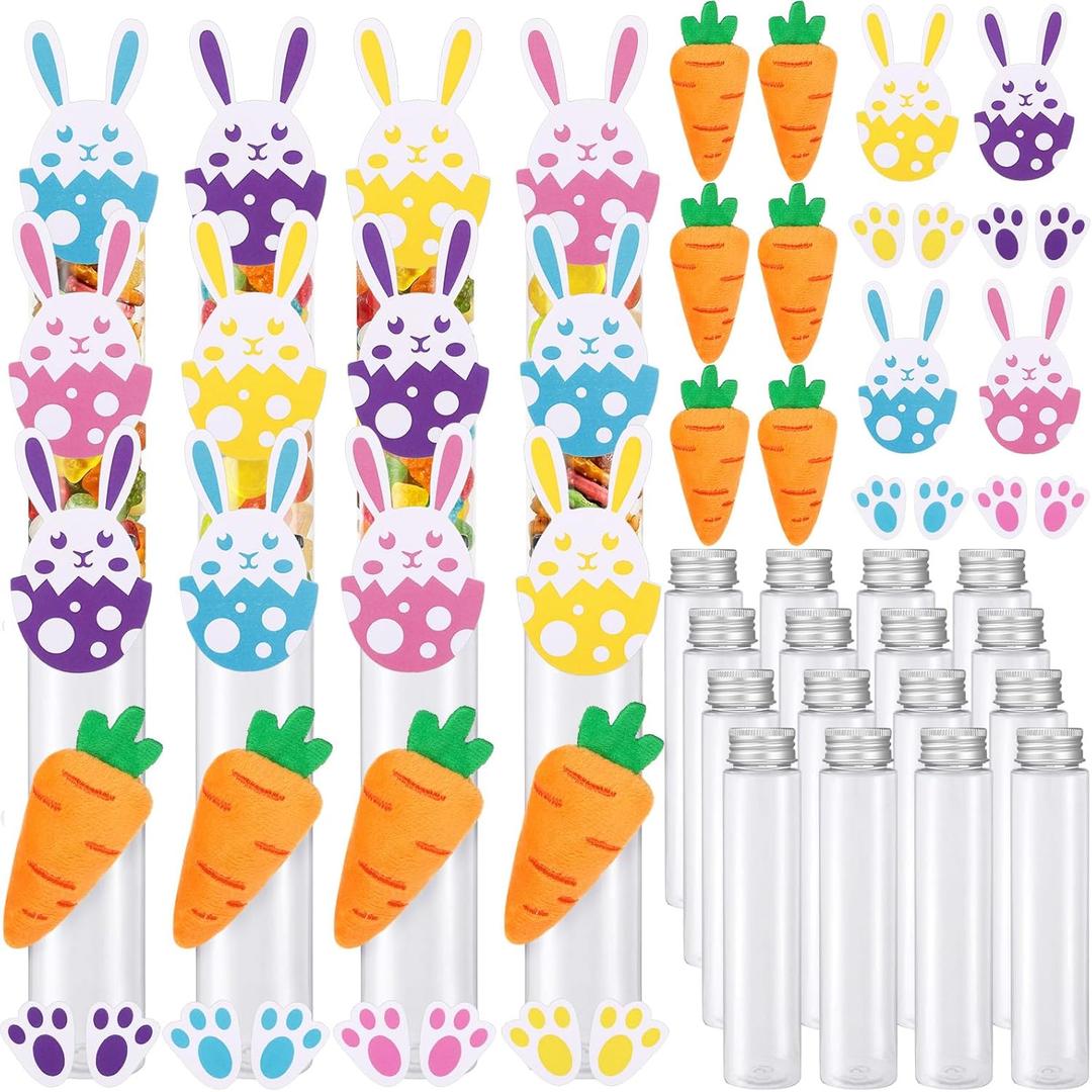 Honeydak 16 Set Easter Candy Containers Easter Egg Rabbit Carrot Felt 4 oz Clear Plastic Test Tubes with Screw Caps Candy Holder for Party Favors DIY Prizes Gift