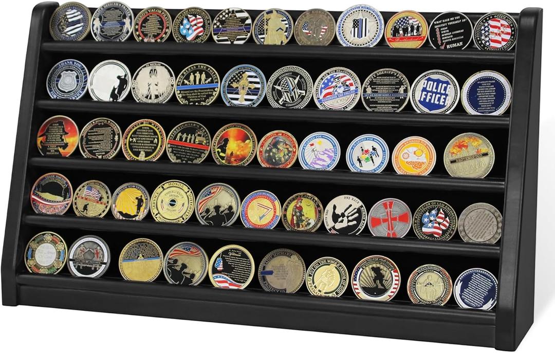 5 Rows Challenge Coin Holder Display Stand Holds 50 Coins for Wall Mount or Tabletop, Solid Wood Military Coin Rack Display Case for Army Collectibles, Black