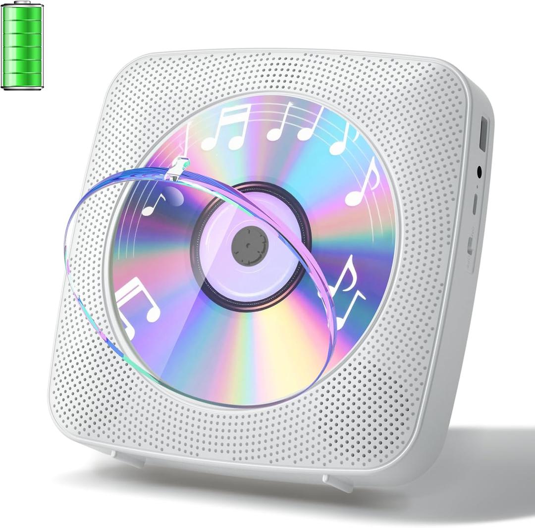 Gueray CD Player Portable with Bluetooth Wall Mountable, CD Music Battery Operated Players for Home with Speakers 1800mAh Rechargeable LCD Screen Display FM Radio USB AUX Jack Remote Control (White)