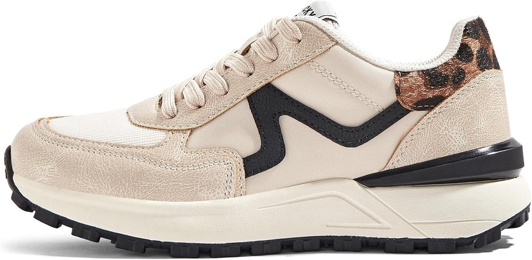 LUCKY STEP Women's Retro Fashion Casual Sneakers Colorblock Platform Classic Trendy Trainning Anti-Slip Tennis Travel Walking Shoes (9, Beige)