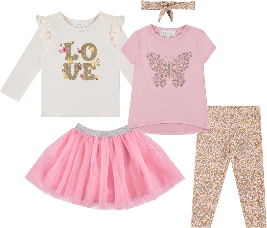 BTween Girls 4 Piece Outfit Set Stylish, Fun, and Versatile Includes Tops, Skirt, and Leggings (18 Months, Pink)