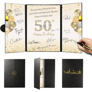 Birthday Party Decorations, Signing Card Board with Magnetic Closure, Happy Birthday Signature Book Keepsake Memory Signing Guest Book for Men and Women Cheers (Black and Gold, 50th)