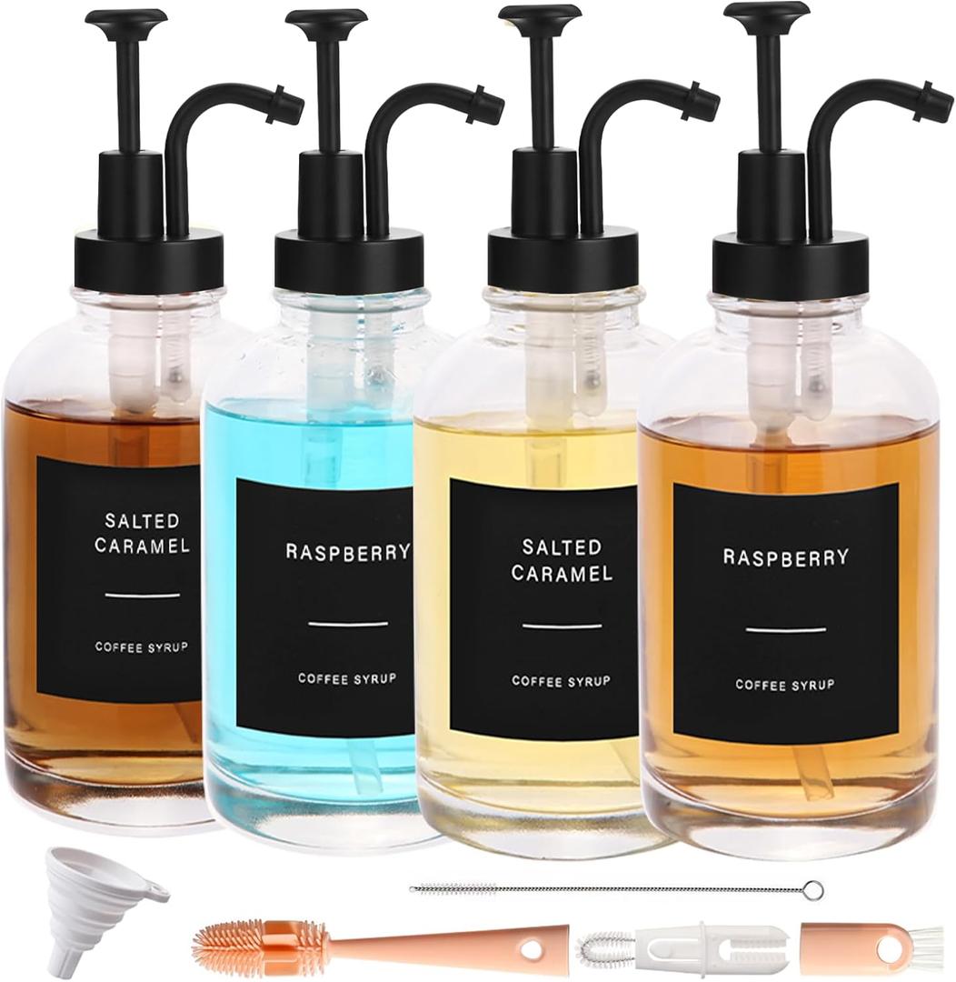 Coffee Syrup Dispenser-4pack,16.9 oz 500ml,Coffee Bar Accessories,Syrup Pump Dispenser for Coffee Bar,Contains Cleaning Tools, Funnel (Black)