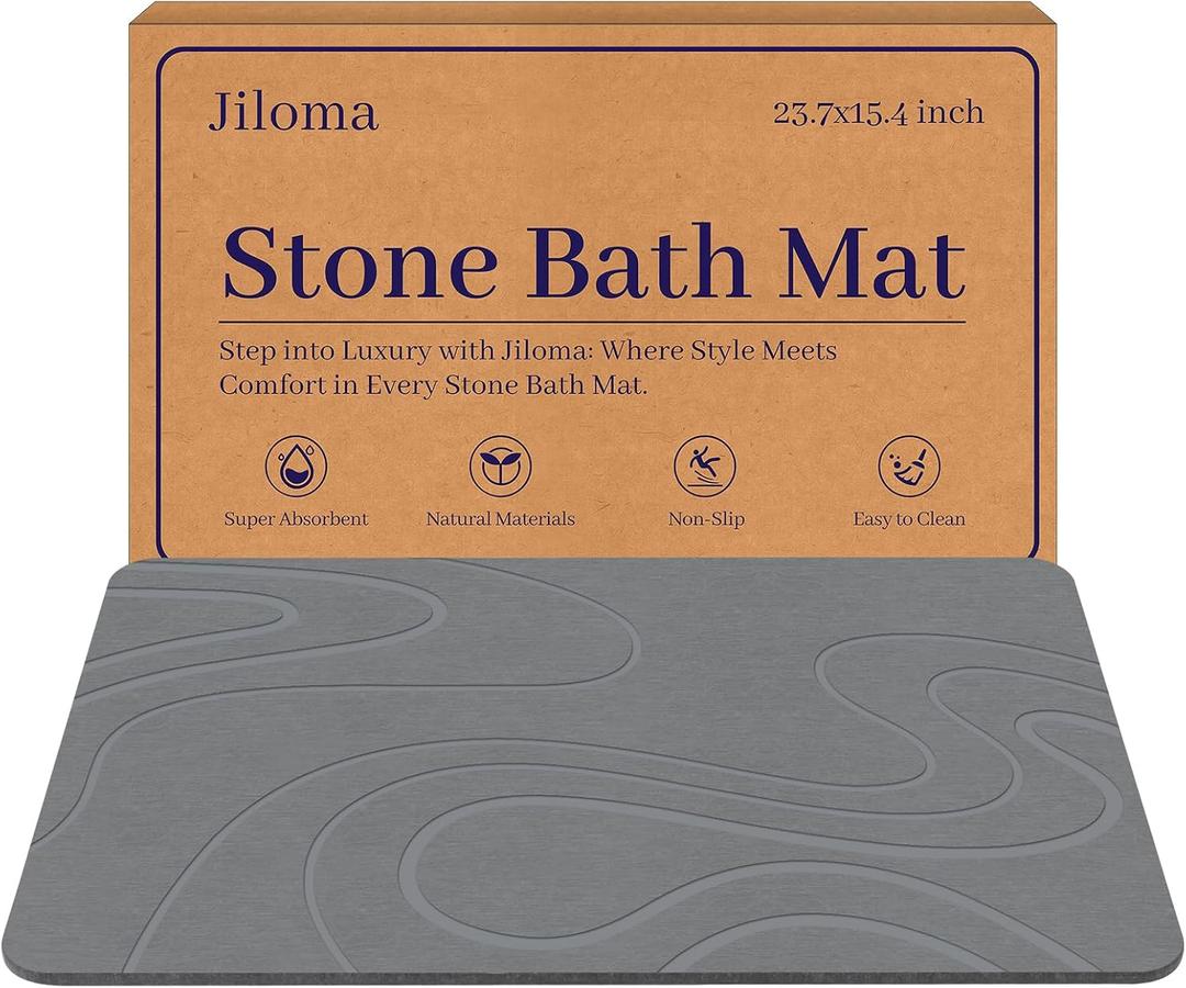 Stone Bath Mat Diatomite Stone Mats for Bathroom Non-Slip Diatomaceous Earth Shower Mat Super Absorbent Bathroom Floor Mat Natural Easy to Clean(24 * 16 Grey) (Gray-river)