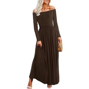 Amoretu Dresses for Women Long Sleeve Off Shoulder Maxi Flowy Casual Loose Plain Dress with Pockets, Size M