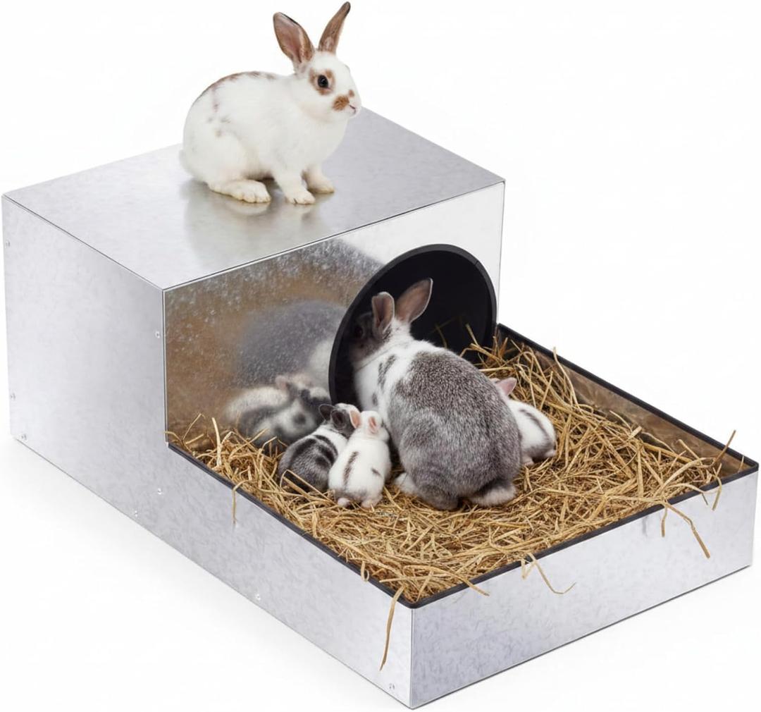 Extra-Large Galvanized Metal Rabbit Breeding Box 24 x 16 x 10 Inch, Guinea Pigs Breeding House with Semi-Enclosed Partition, Durable Small Animal Hideout Burrow for Rabbits and Guinea Pigs